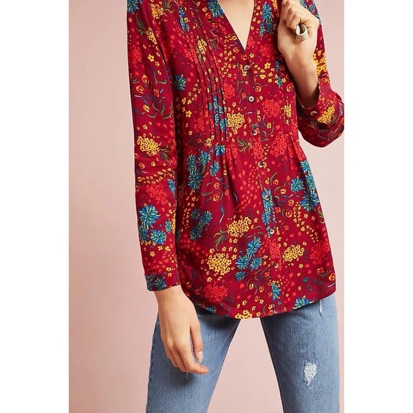Anthropologie Tops - Maeve Anthropologie Blouse Womens M Pink Floral Boho Viscose Button Peasant Top